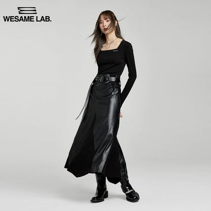 Slim Fit Square Neck Panel Leather Dress