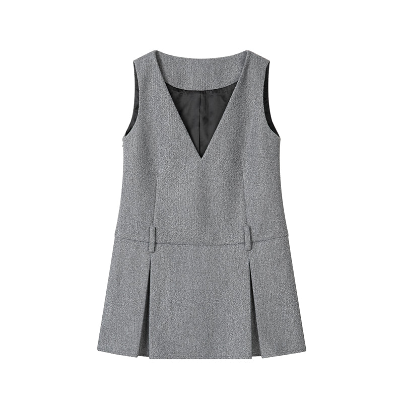 Grey V-Neck Woolen Dress