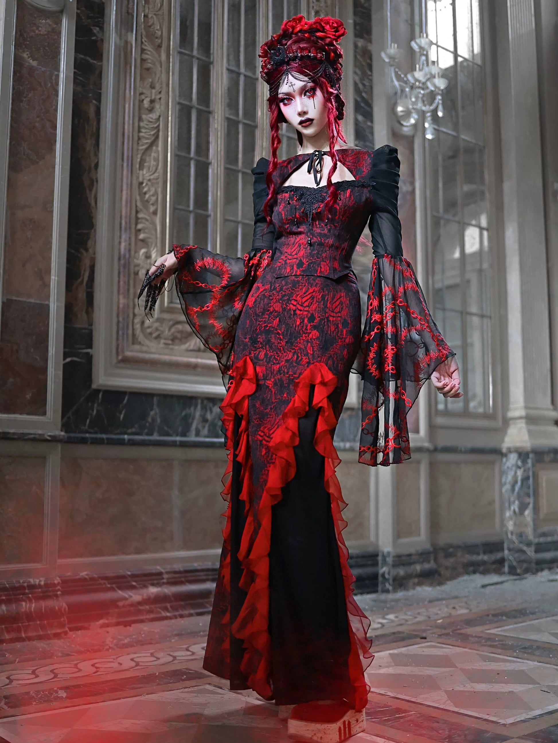 Underworld Red Red-BLACK LACE JACQUARD TOP featuring elegant red and black lace jacquard design Serendute Underworld Red Red-BLACK LACE JACQUARD TOP featuring elegant red and black lace jacquard design Serendute