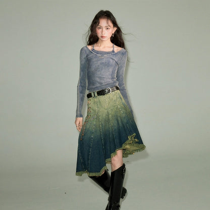 Gradual Lacing - Irregular Hem Denim Skirt