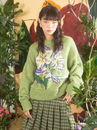 Сакура Жаккард Желто -зеленая шерстяная свитер