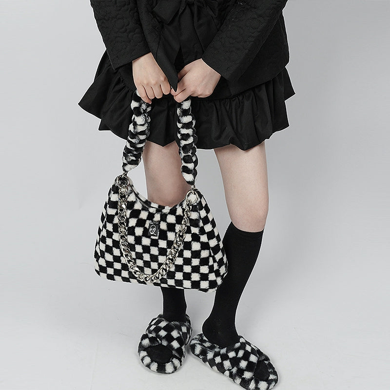 Checkerboard Fur Straddle Bag