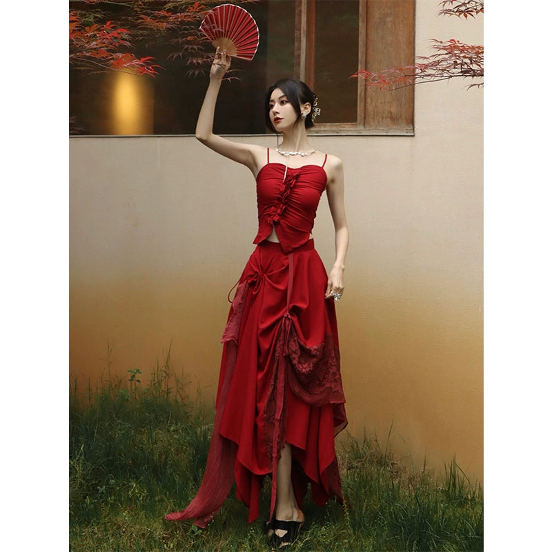 Red Lace Spliced Silk Half Skirt