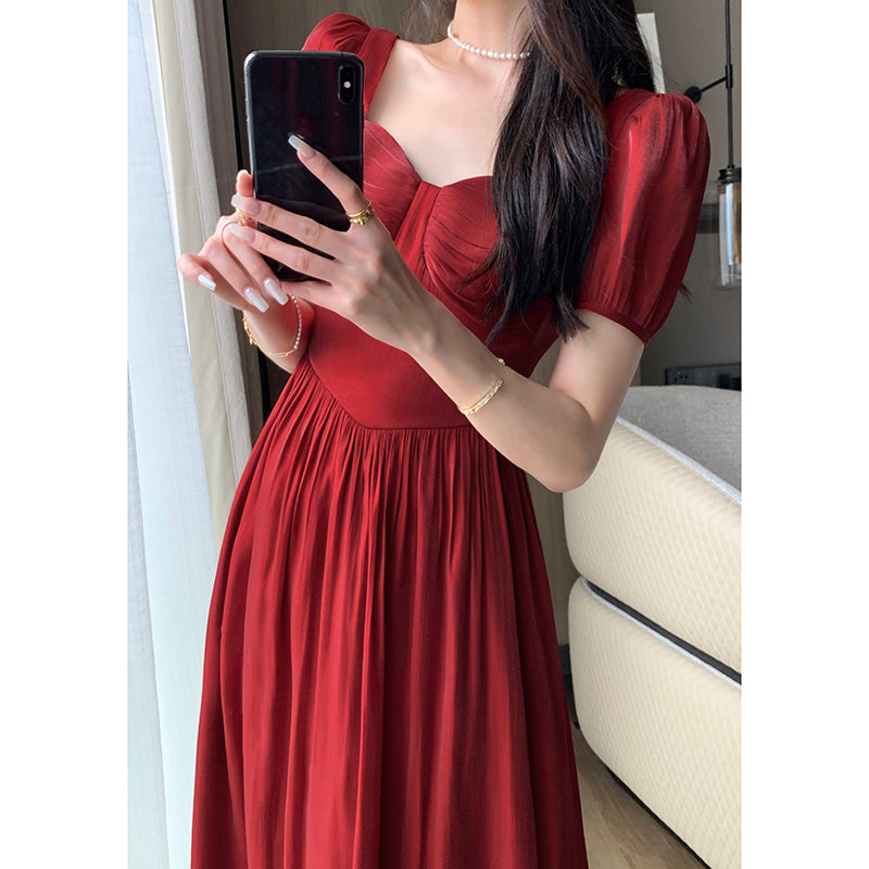 Retro Square Neck Red Dress - Summer