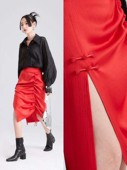 Red Black Slit Chinese Skirt