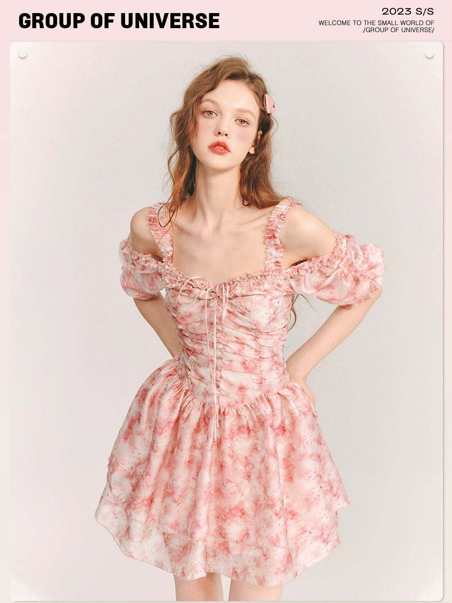 Organza Ice Rose - Sweet Print Pleated Sleeve Dress