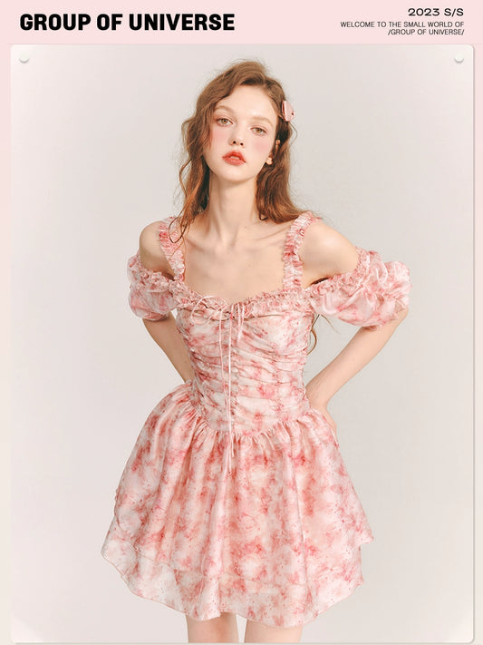 Organza Ice Rose - Sweet Print Pleated Sleeve Dress