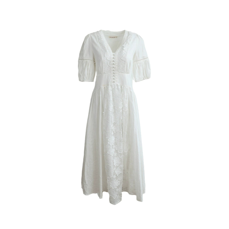 White Moon Cotton & Hemp Lace Splice Dress