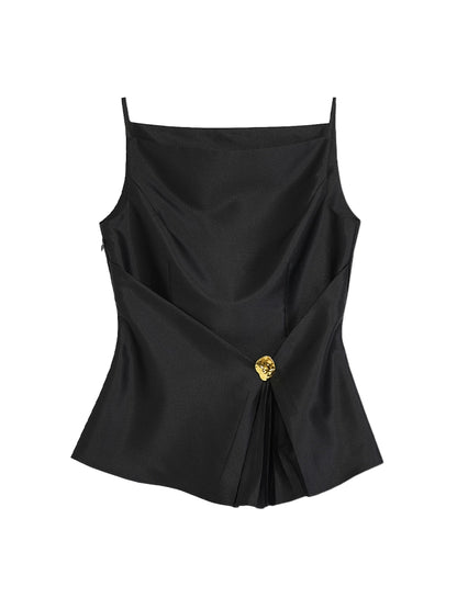 Tabbus de suspension plissé français sens de conception noire de la femme petite et haut de gamme Tempérament de tempérament Slim Fit Top