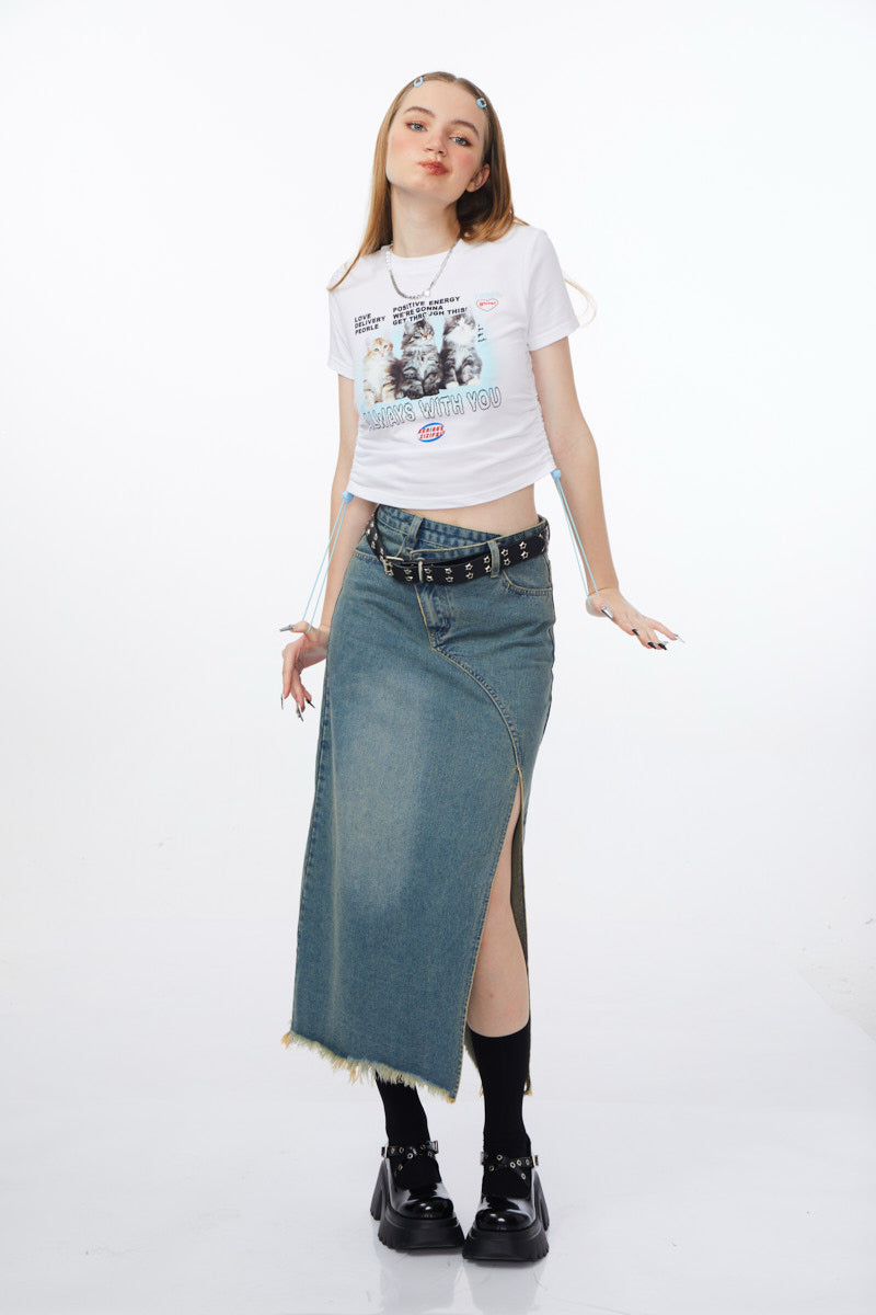 High Waisted A-line Denim Skirt - Retro Design