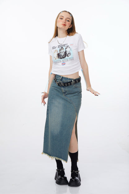 High Waisted A-line Denim Skirt - Retro Design