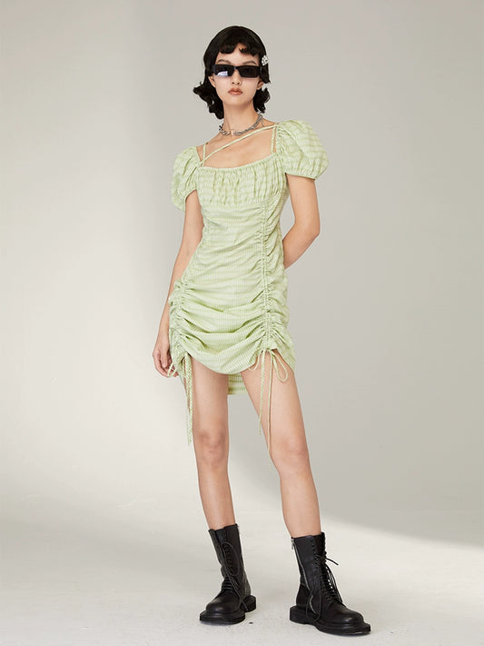 Green French - Square Neck Pleated Dress