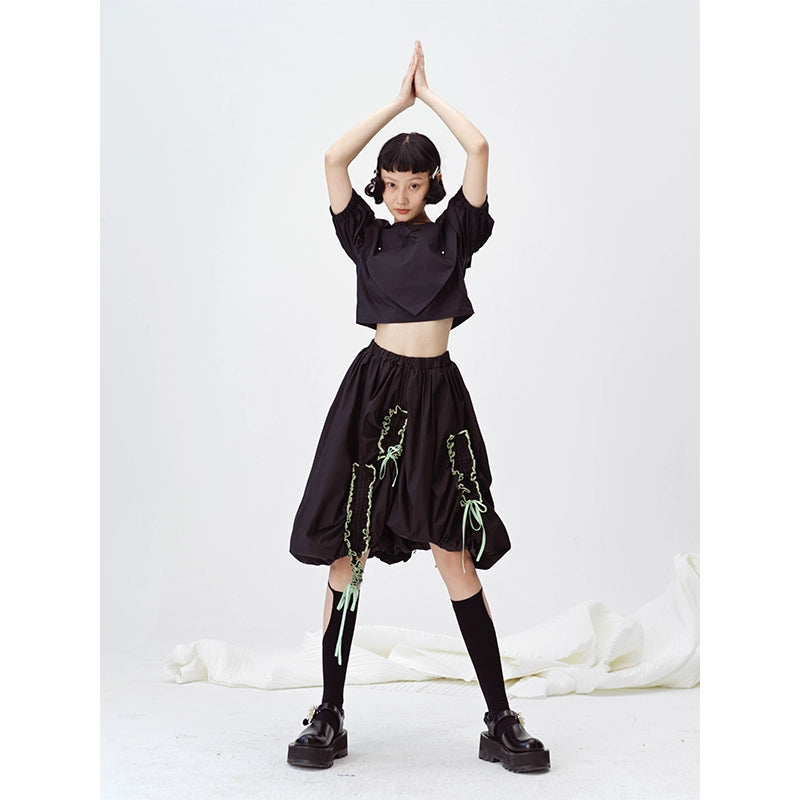 Flower Bud - Black Pleated Ruffled Skirt