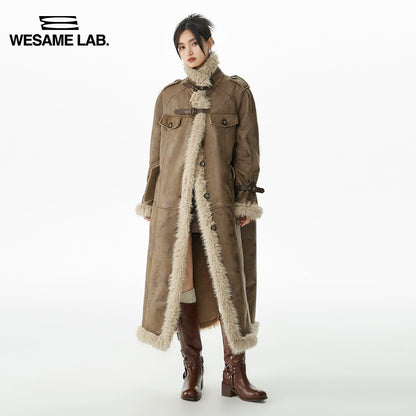 Marrón Vintage Fur One Piece Cabello de cordero Suelo de altura alta de alta longitud media o otoño/invierno abrigo para mujeres