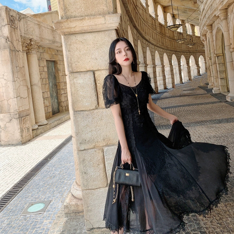 Black Datura Luxury Chiffon Lace Dress