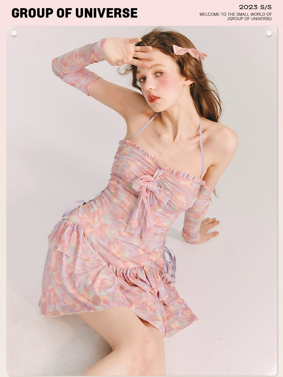 Neon Blossom Charm - Elastic Bow Neck Dress