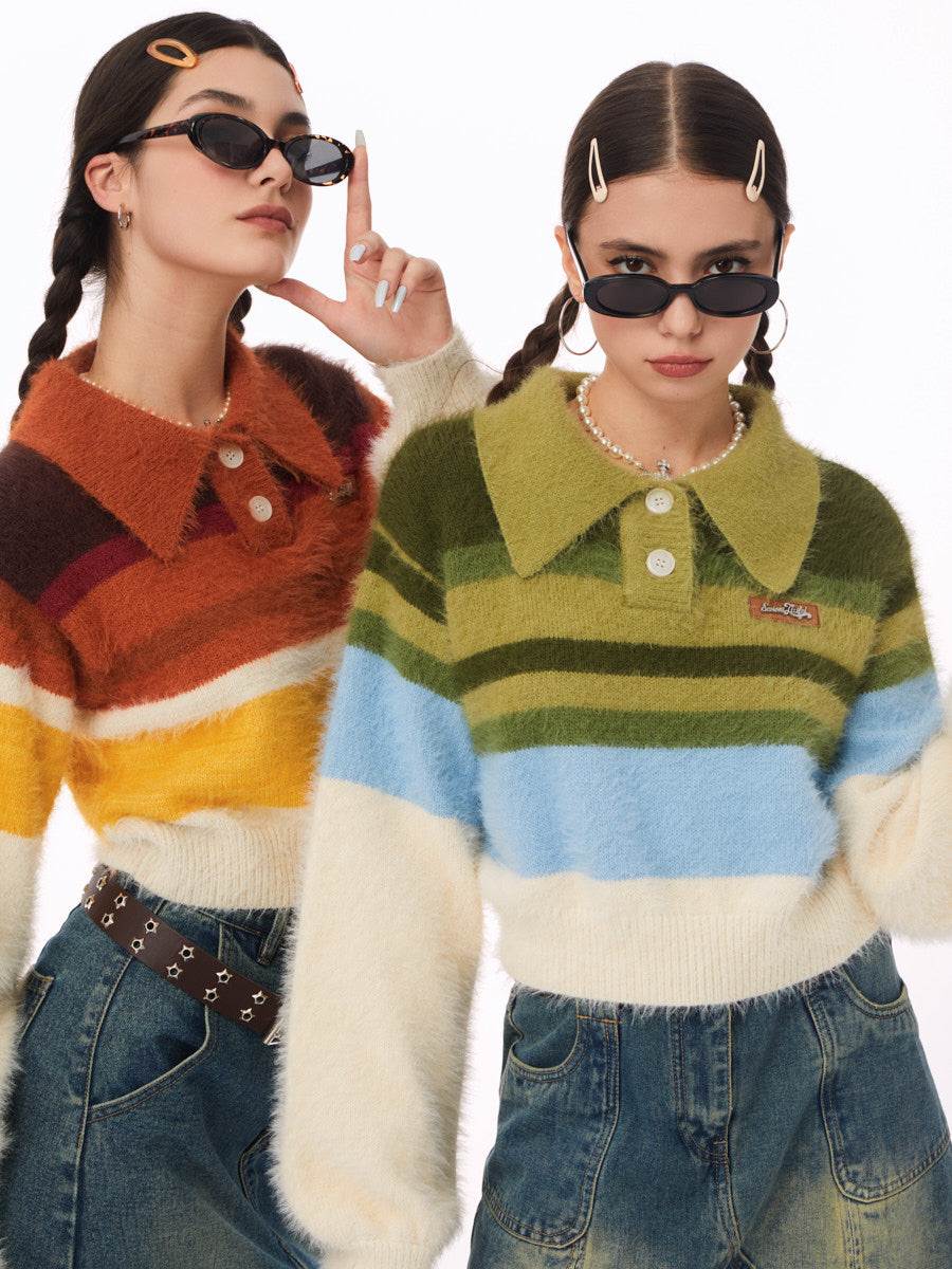 Short Style Lazy Polo Neck Stripe Sweater