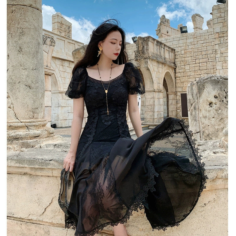 Black Datura Luxury Chiffon Lace Dress