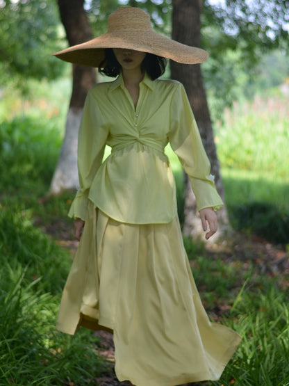 Lemon Yellow Satin Fashion Autumn Dress