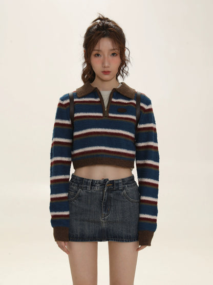 Lazy Striped Polo Neck Sweater
