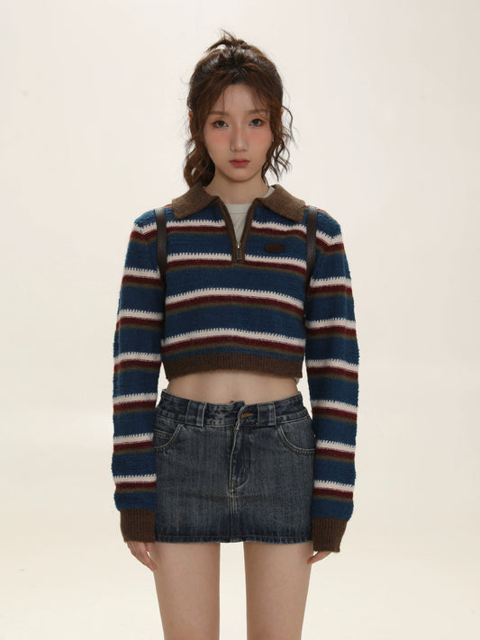 Lazy Striped Polo Neck Sweater