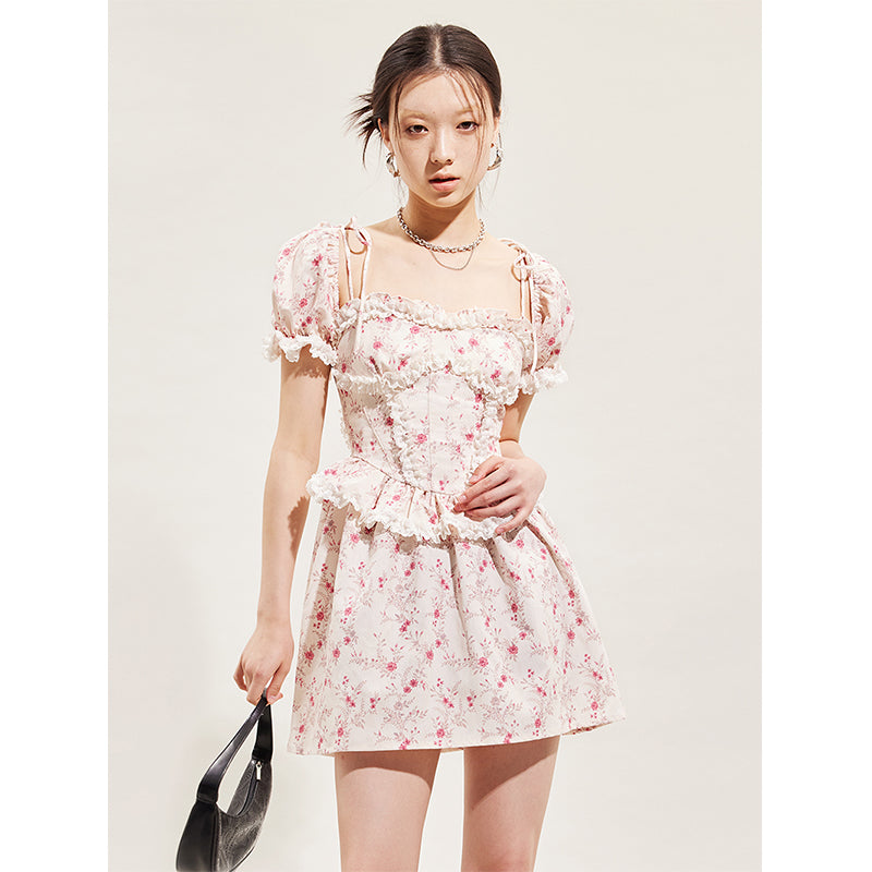 floral suspender princess sleeve dress