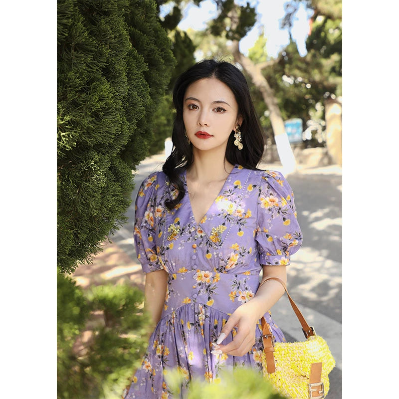 Purple Tone Yellow Vintage V-Neck Waist Dress