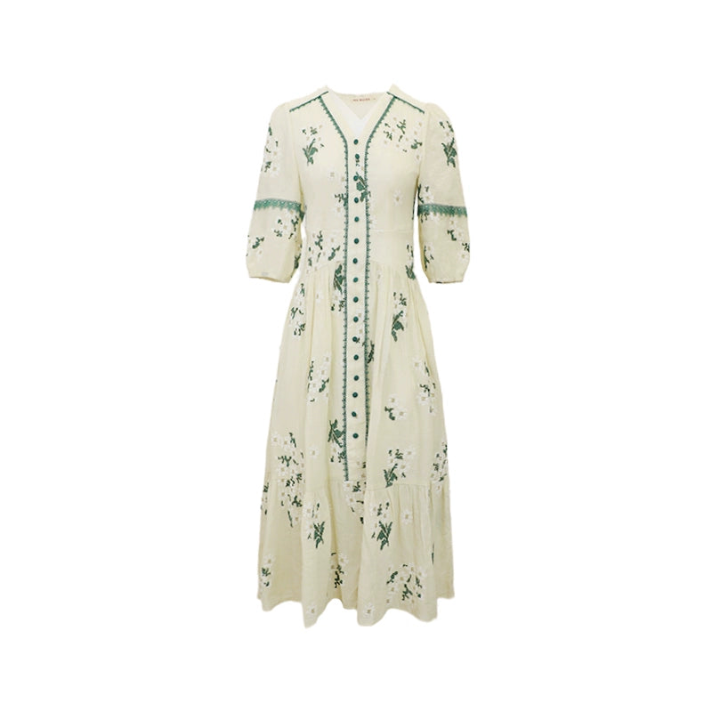 Green Vine & Daisy Slim Waist Dress