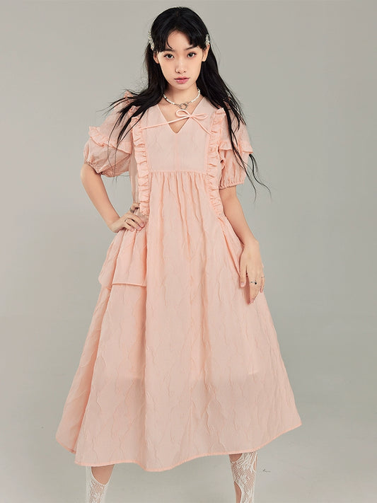 Cream Puff - Flower Pattern Bubble Sleeve Dress