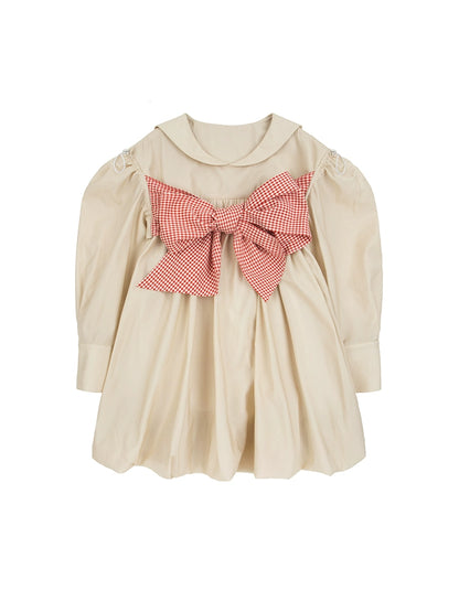 Apricot Big Bow - Bubble Sleeve Dress