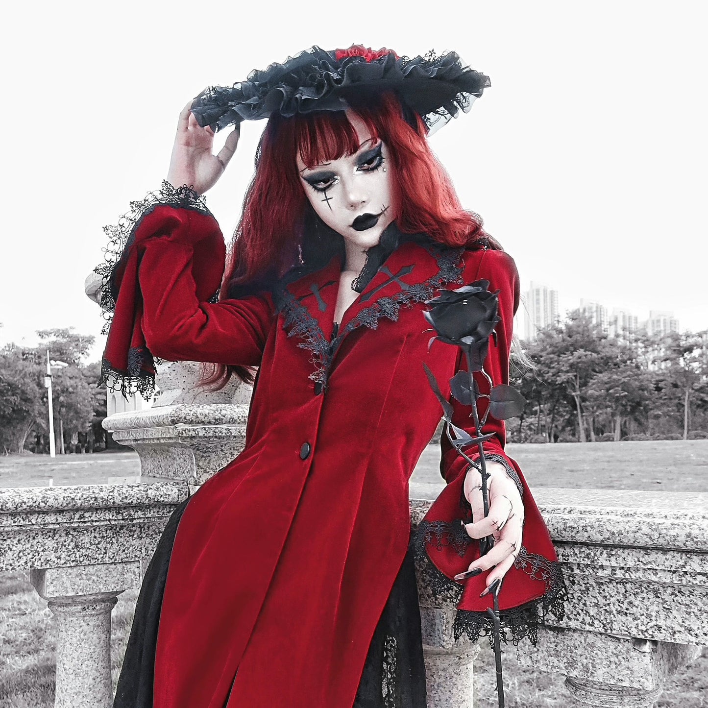 Vampire Lace Red-Black Gothic Flat Hat