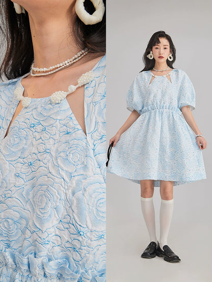 Ear Ear Original Design Summer Escaping Princess Handmade Pearl Plate Button Blue White Flower Embroidery Dress