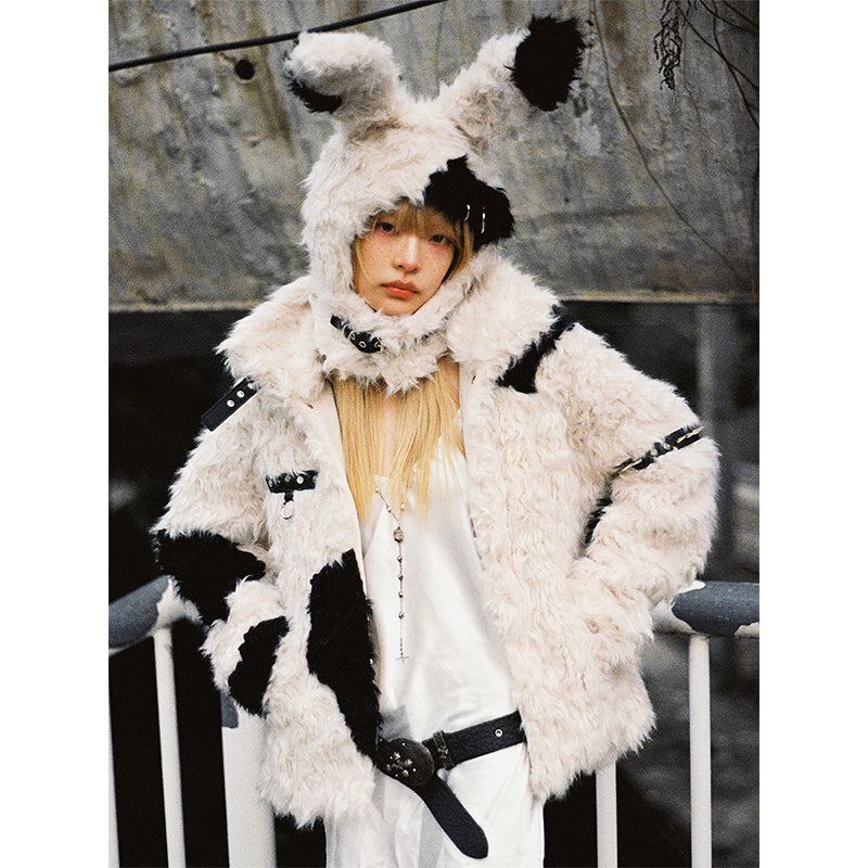 rebellious bunny black and white patchwork fur coat