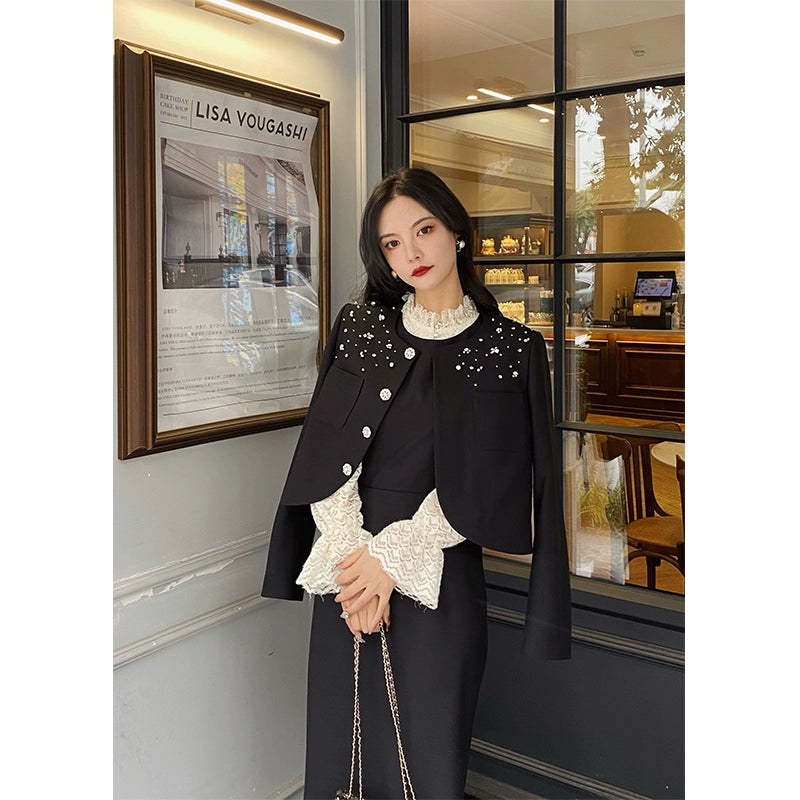 Starry Rain BLACK BEADED SHORT COAT & TANK Dress -Elegant and Stylish Fashion Accessory – Serendute