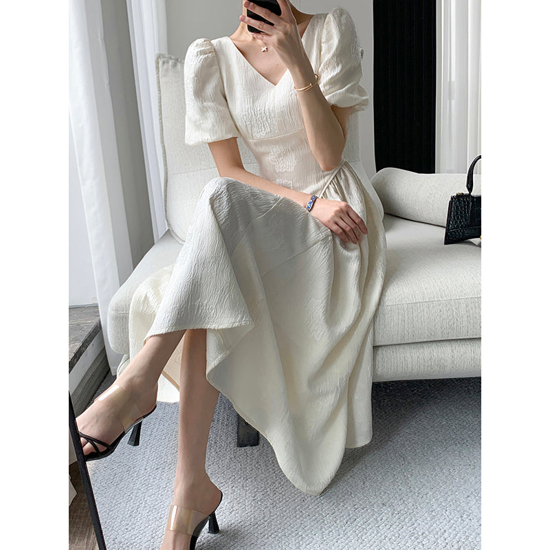 White Summer Dress - V-Neck Long Skirt