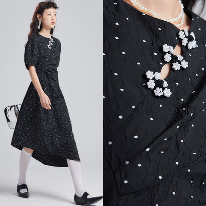 Original Design Dark Night Starry New Chinese Style Beaded Plate Buckle Jacquard Dotted Irregular Dress