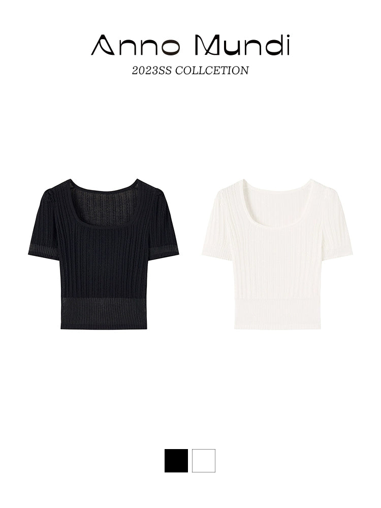 Square Neck Knitted Short Sleeve Tee for Summer