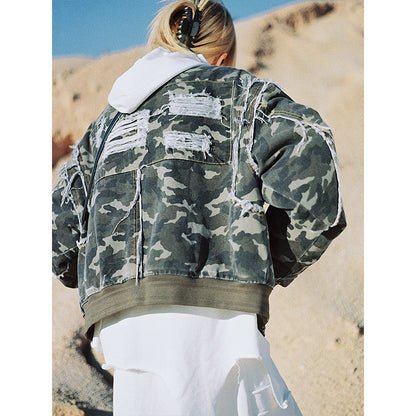 camouflage distressed detail large silhouette denim baseball jersey