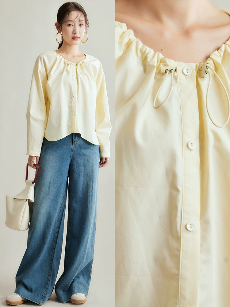Original Design Ice Peach Bubble Drawstring Round Neck Lightweight Heavenly Silk Loose Early Autumn Long Sleeve Shirt