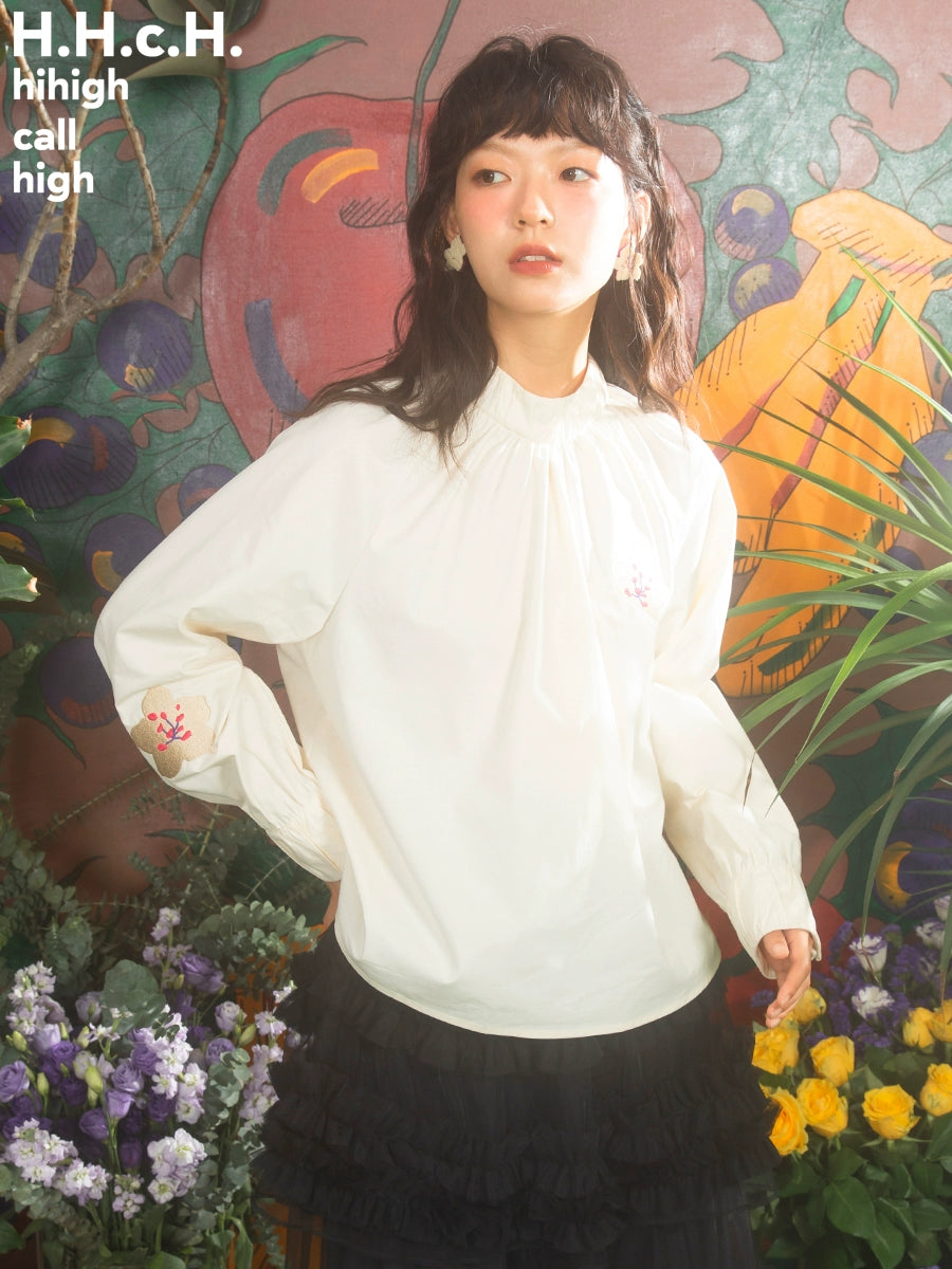 Cherry Blossom: Beige Pleated Long Sleeve Shirt