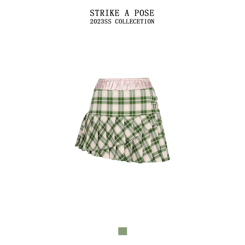 Green Check Pleated Skirt