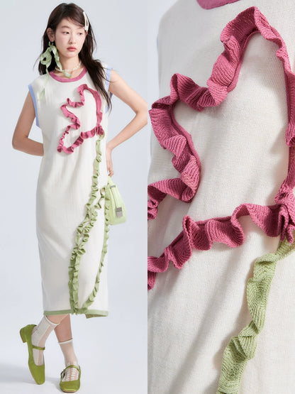 Original Design Gifted Leggings Contrast Color 3D Flowering Wool Blended Knitted Tank Top Dress