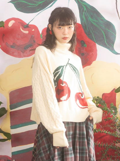 Cherry Pattern High Collar Slouchy Sweater