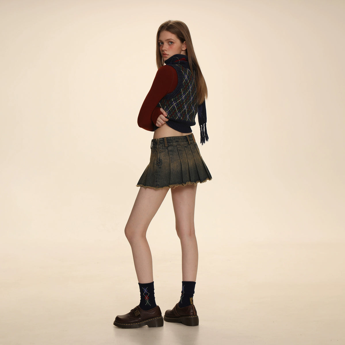 Wasteland Style Denim Pleated Skirt