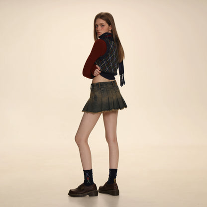Wasteland Style Denim Pleated Skirt