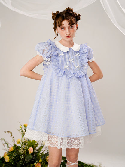 Diseño original Vestido acampanado de manga corta con encaje y cuello de muñeca a cuadros azul