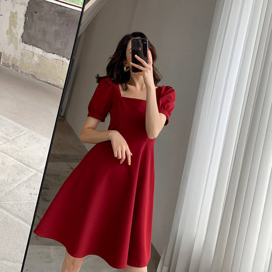 Red Square Neck Retro Skirt