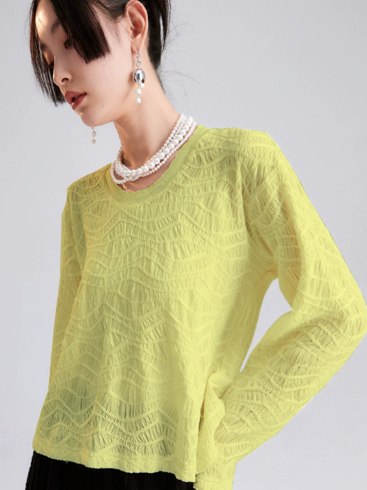 Original Design Sunshine Wave Pleated Texture Knitted Petal Collar Long Sleeve Early Autumn T-shirt