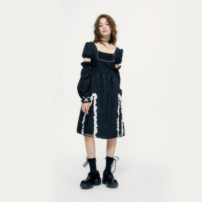 Square Neck Black Jacquard Dress