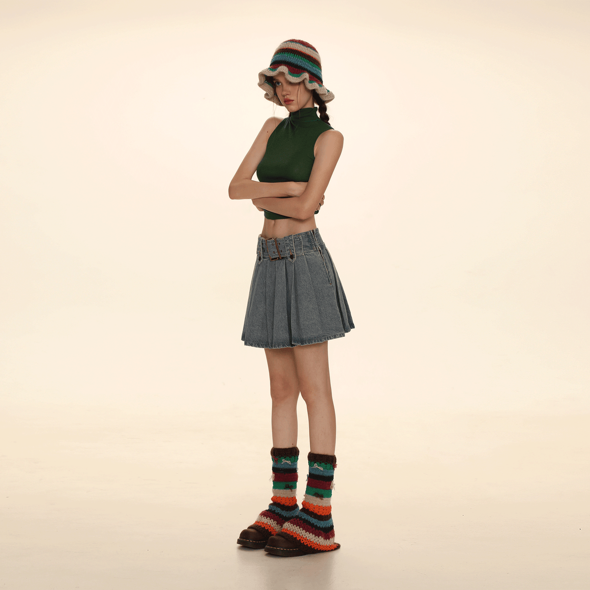 Falda plisada vaquera con cintura ancha y hardware cuadrado para mujer, nueva falda acampanada retro adelgazante de cintura alta